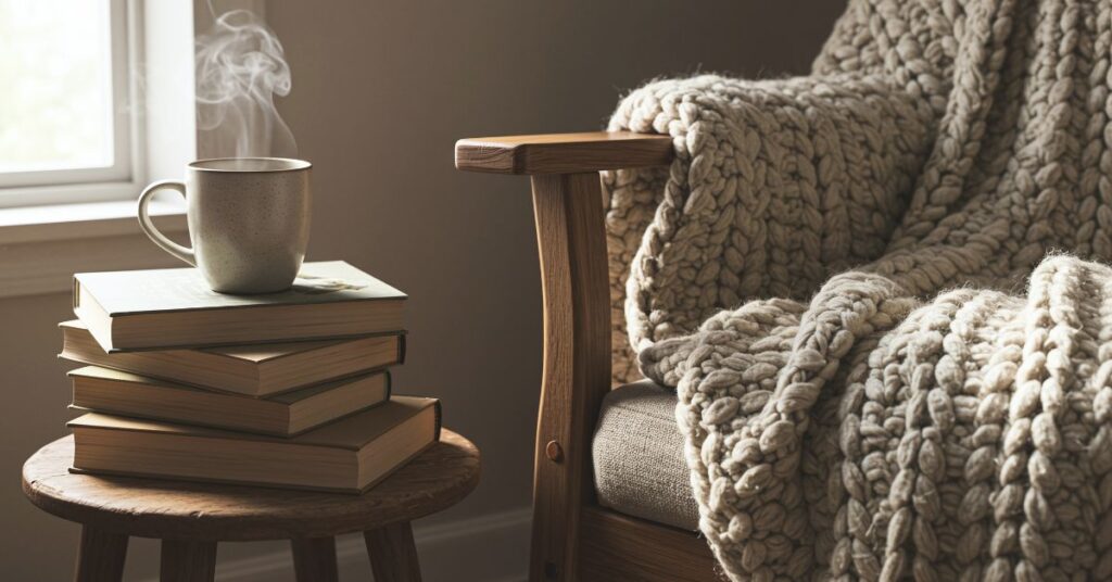 cozy corner with chair, blanket, stack of books, and some warm drink