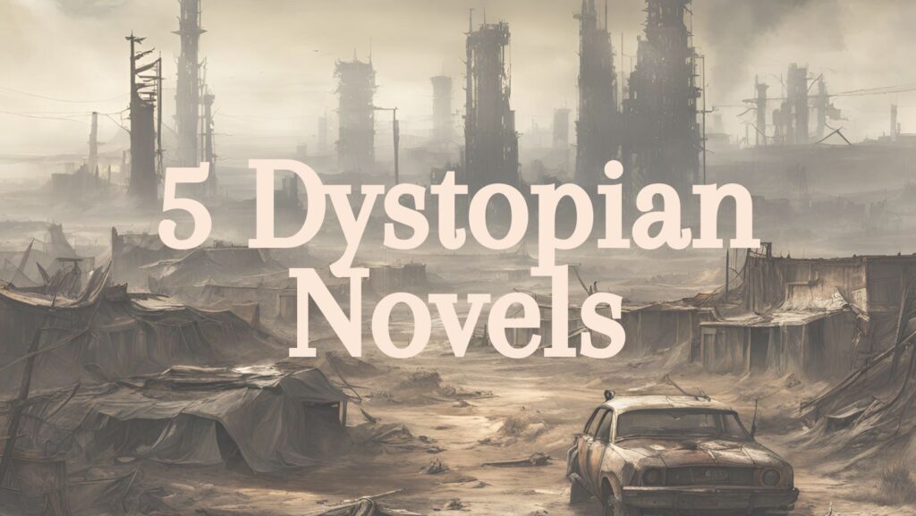 a street with building and a vehicle that look like a bomb went off with title 5 dystopian novels